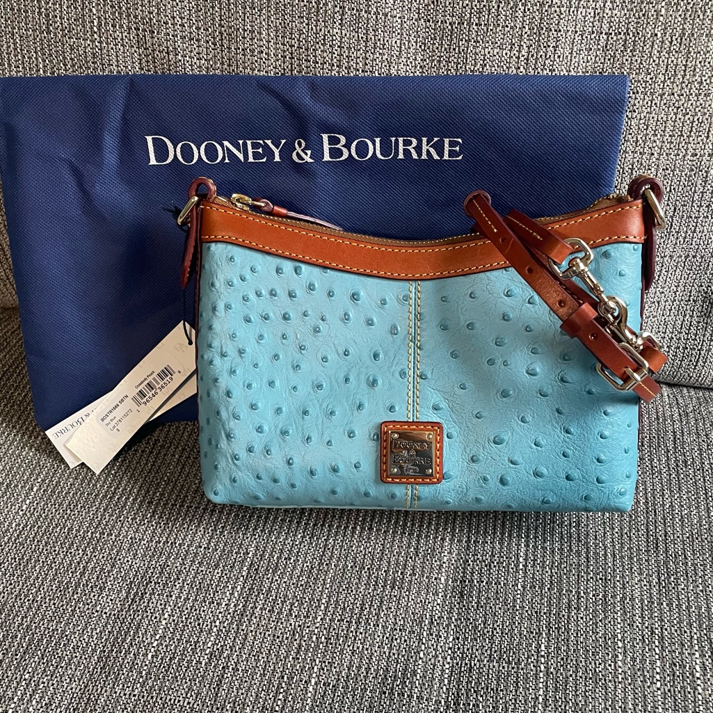 Dooney & Bourke Turquoise Ostrich-Embossed Leather Crossbody With Brown Trim